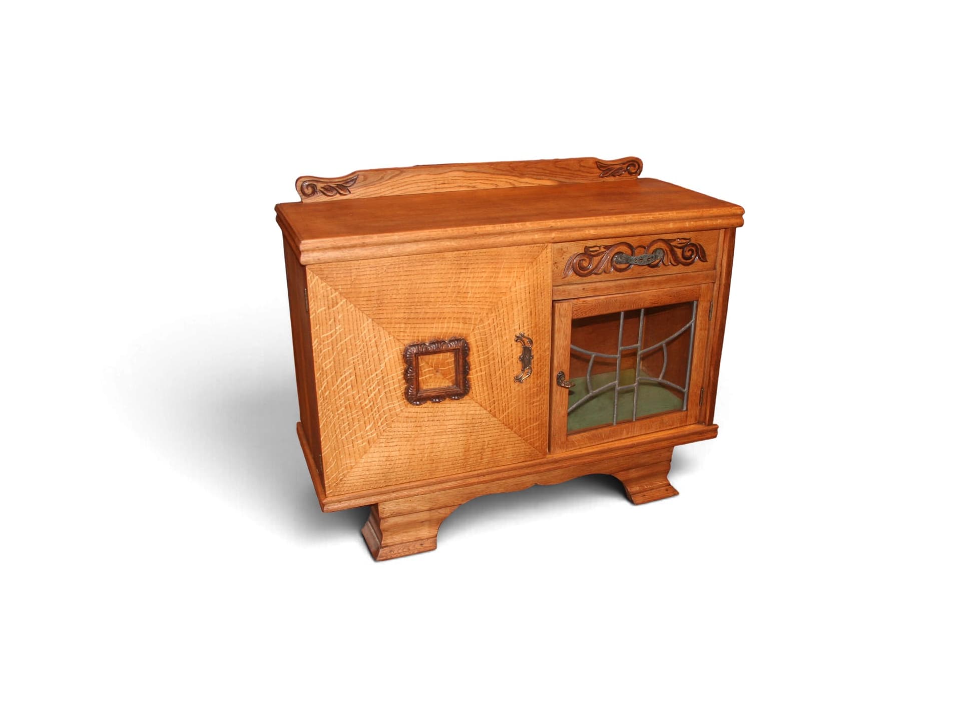 Antiek Vintage eiken Theekastje met glas-in-lood. : 94cm breed x 38cm diep x 70cm  hoog.
