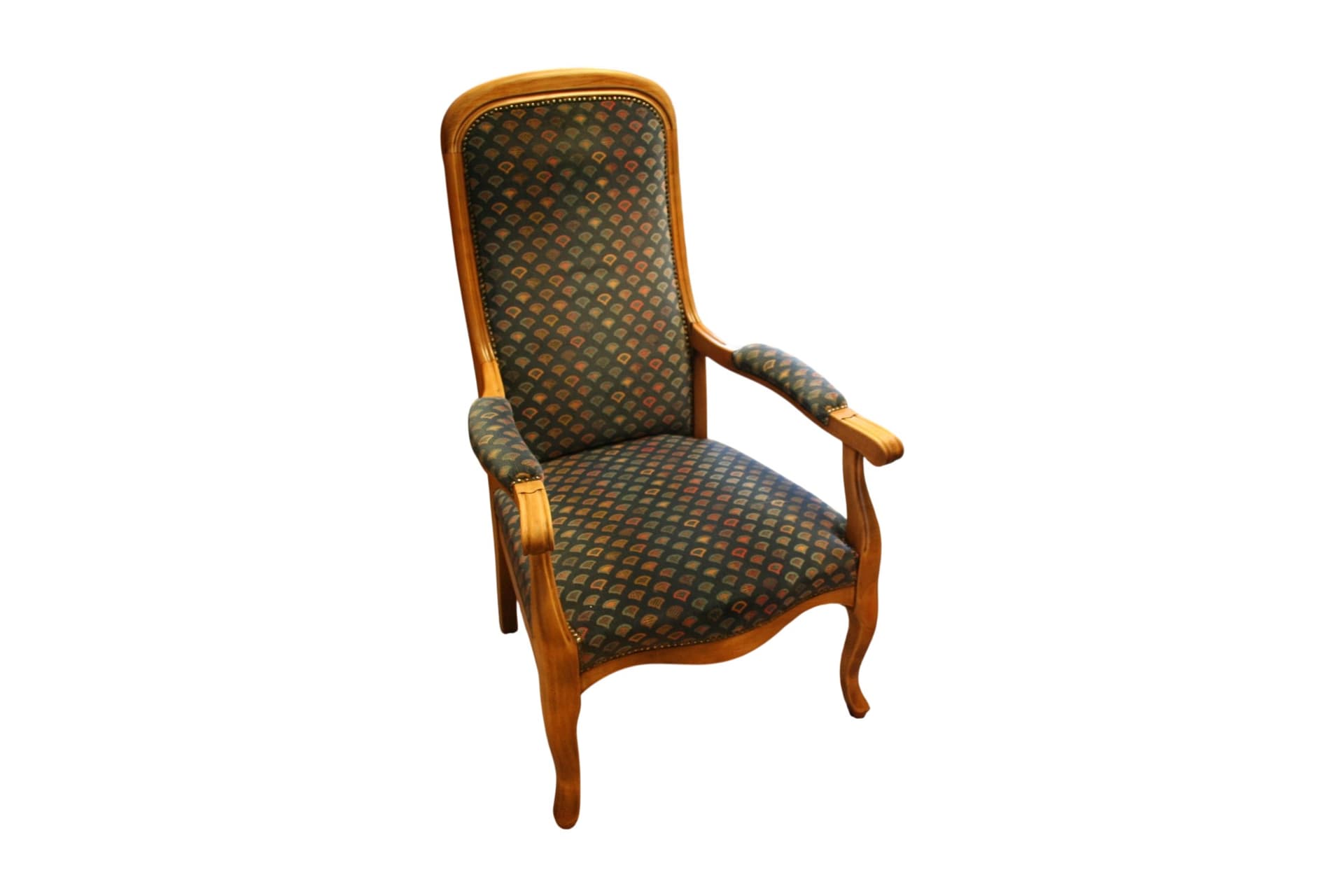 Vintage houten fauteuil karaktervol en comfortabel met groene bekleding…