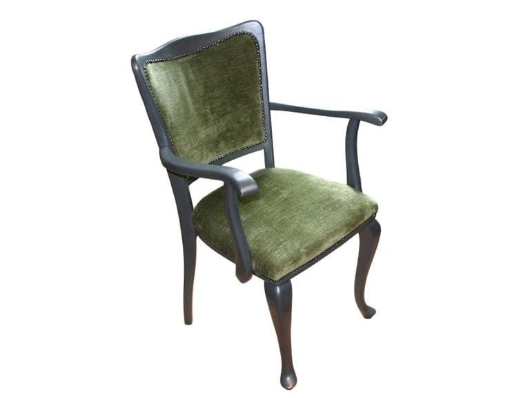 Vintage houten stoel, groen velours met elegante zilveren afwerking.