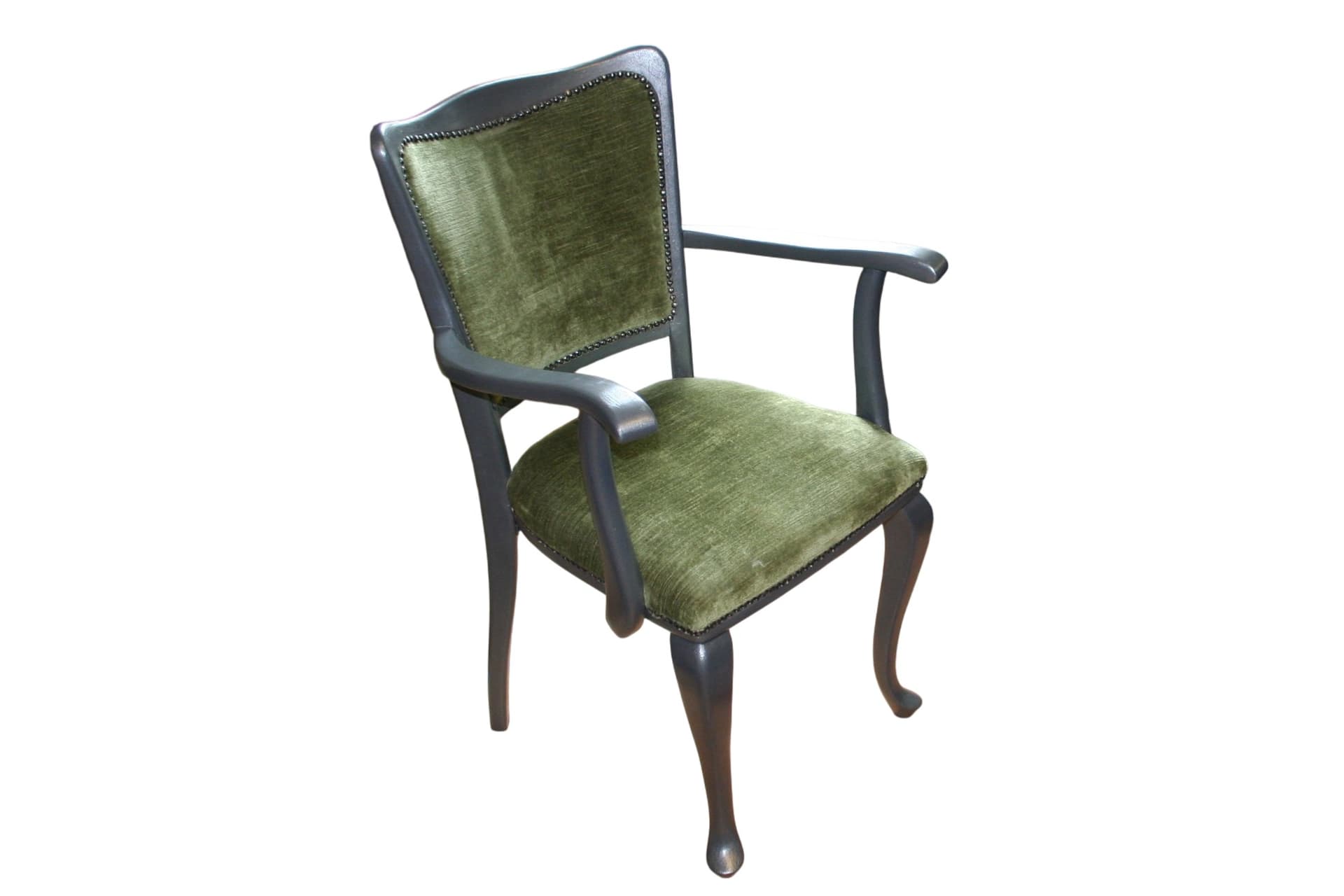 Vintage houten stoel, groen velours met elegante zilveren afwerking.