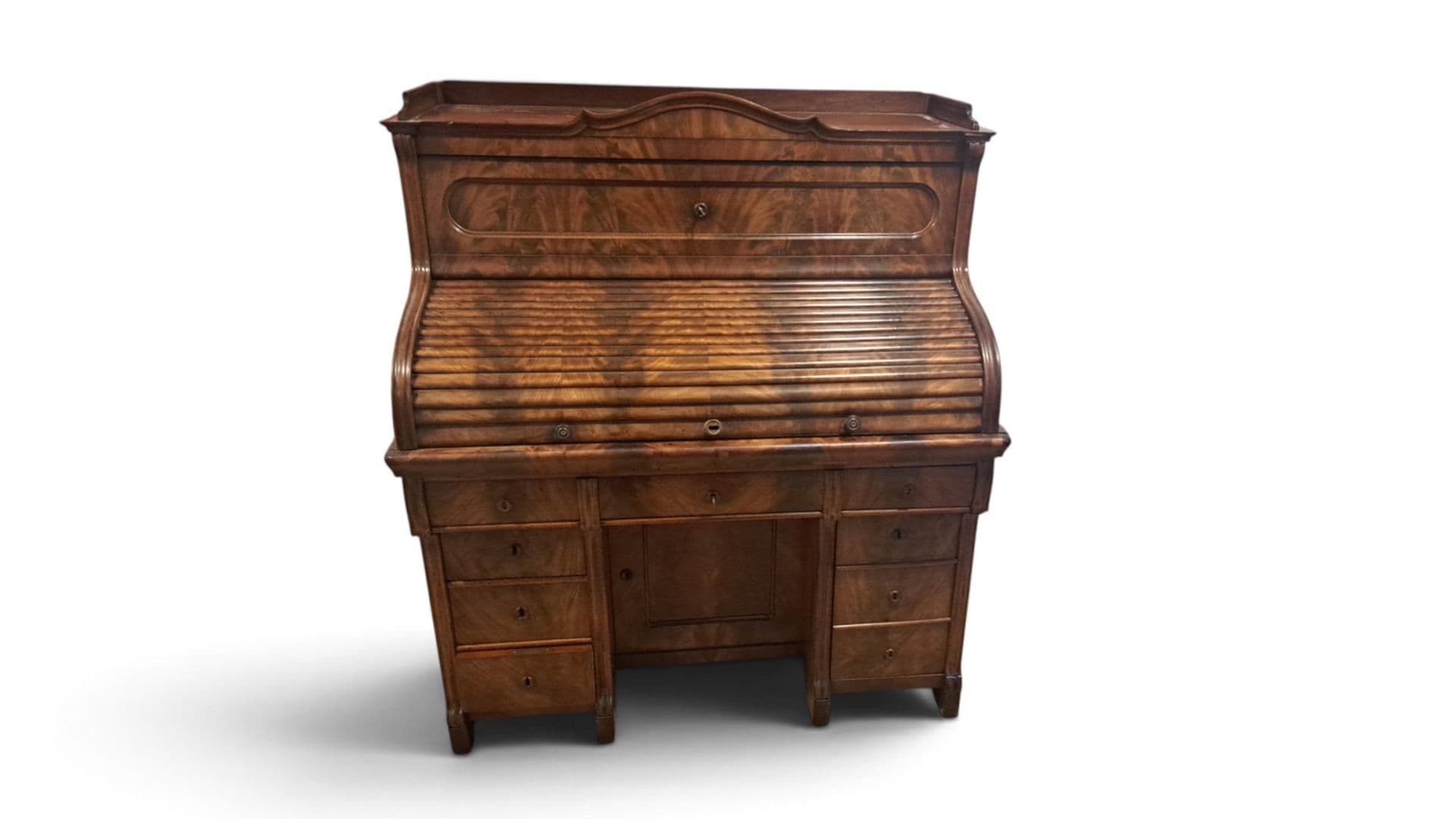 Antiek rolluikbureau, Mooi gerestaureerd, notenhout met prachtig figuur, ca. 1900