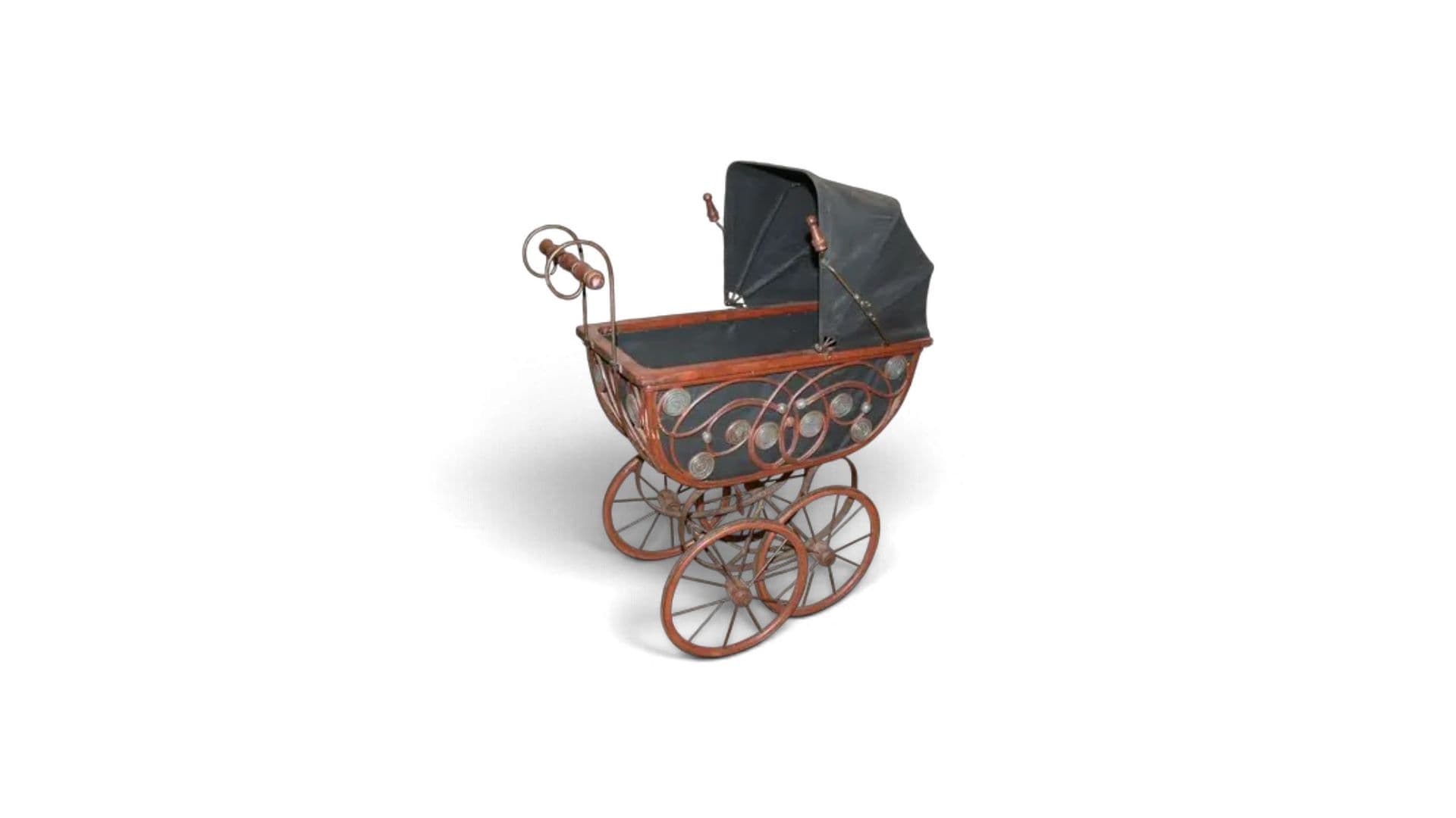 Vintage poppenwagen, retro poppenbuggy, antieke poppenwagen, gotische poppenwagen, handgemaakte poppenwagen