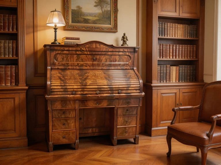 Antiek rolluikbureau, Mooi gerestaureerd, notenhout met prachtig figuur, ca. 1900