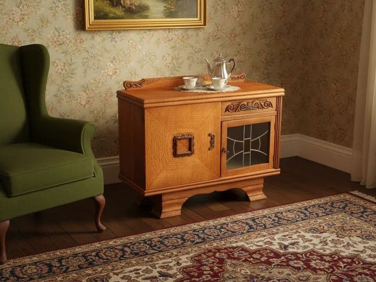 Antiek Vintage eiken Theekastje met glas-in-lood. : 94cm breed x 38cm diep x 70cm hoog.