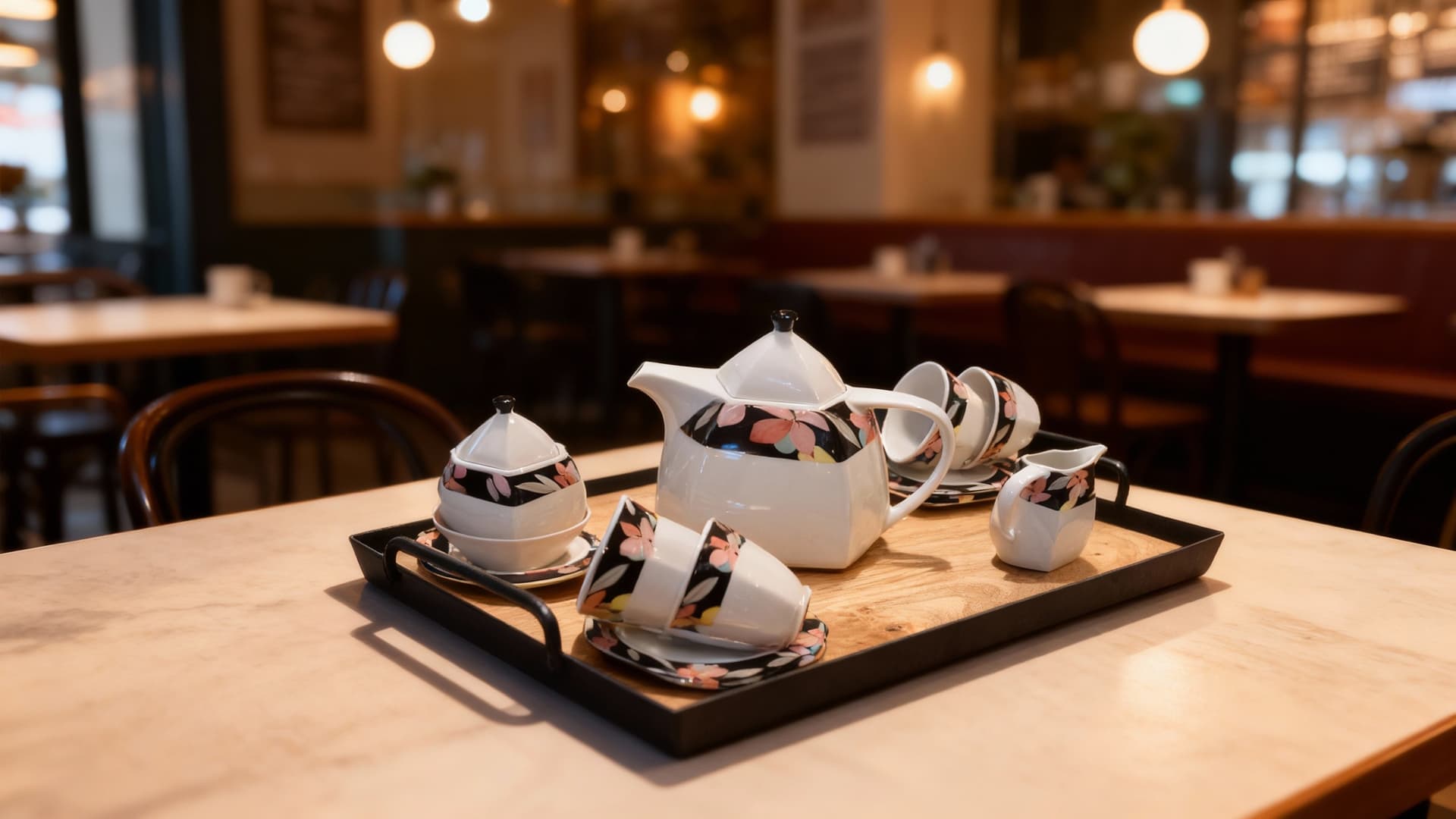 Stijlvol vintage servies met bloemenmotief – complete set met theepot, melkkan, suikerpot en kop-en-schotels.