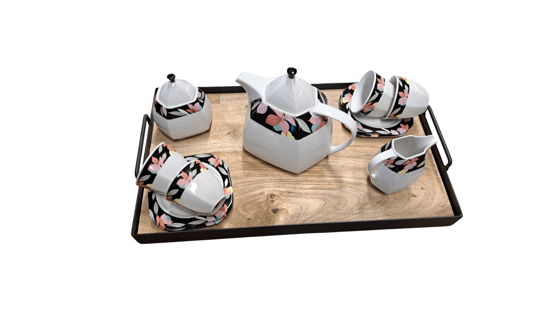 Stijlvol vintage servies met bloemenmotief – complete set met theepot, melkkan, suikerpot en kop-en-schotels.