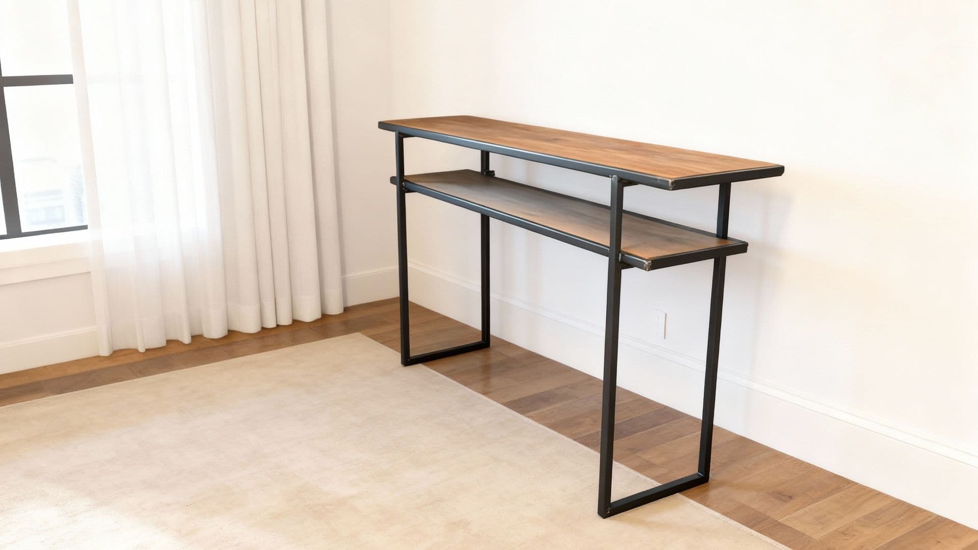 Upcycled houten tafel gemaakt van staal en vloerdelen 2 planken. 180cm B x40 Dx 100cm H