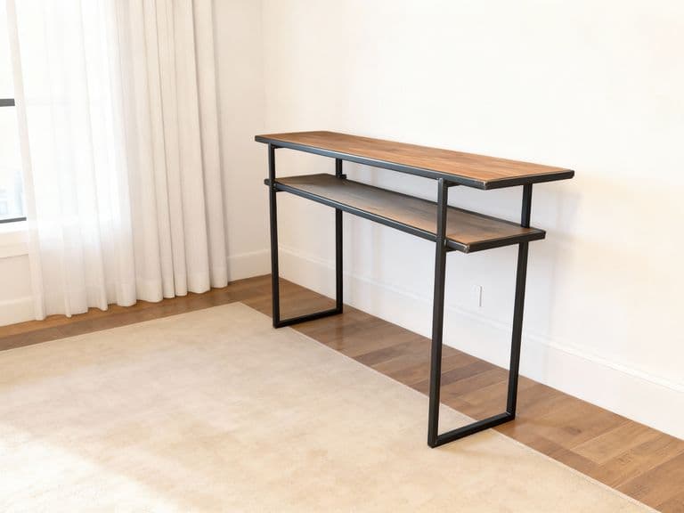Upcycled houten tafel gemaakt van staal en vloerdelen 2 planken. 180cm B x40 Dx 100cm H