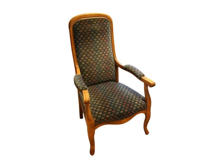 Vintage houten fauteuil karaktervol en comfortabel met groene bekleding…