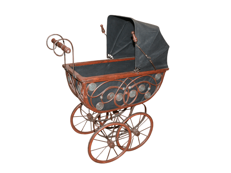 Vintage poppenwagen, retro poppenbuggy, antieke poppenwagen, gotische poppenwagen, handgemaakte poppenwagen