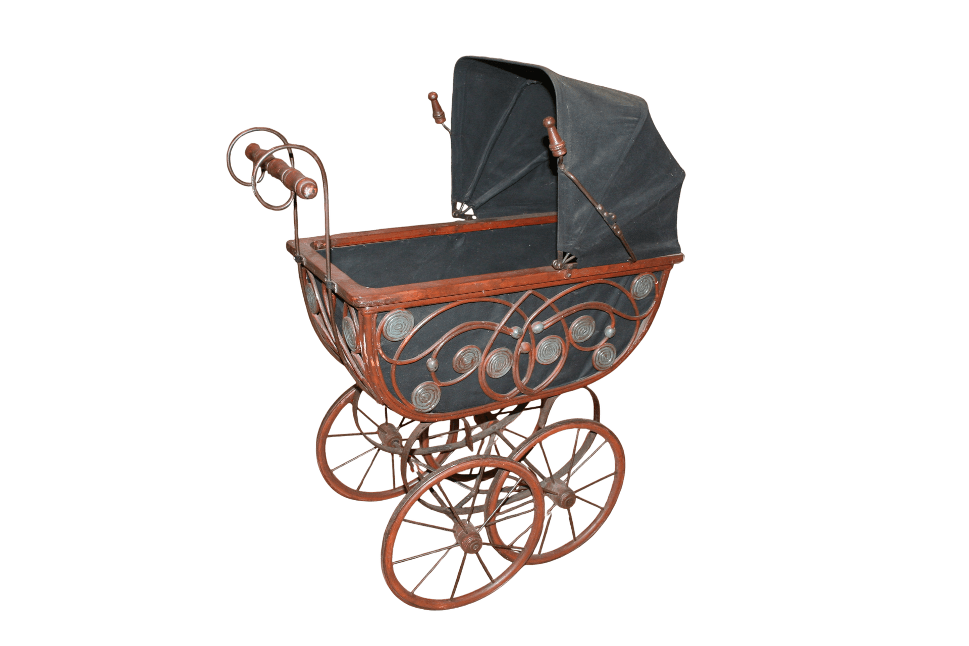 Vintage poppenwagen, retro poppenbuggy, antieke poppenwagen, gotische poppenwagen, handgemaakte poppenwagen